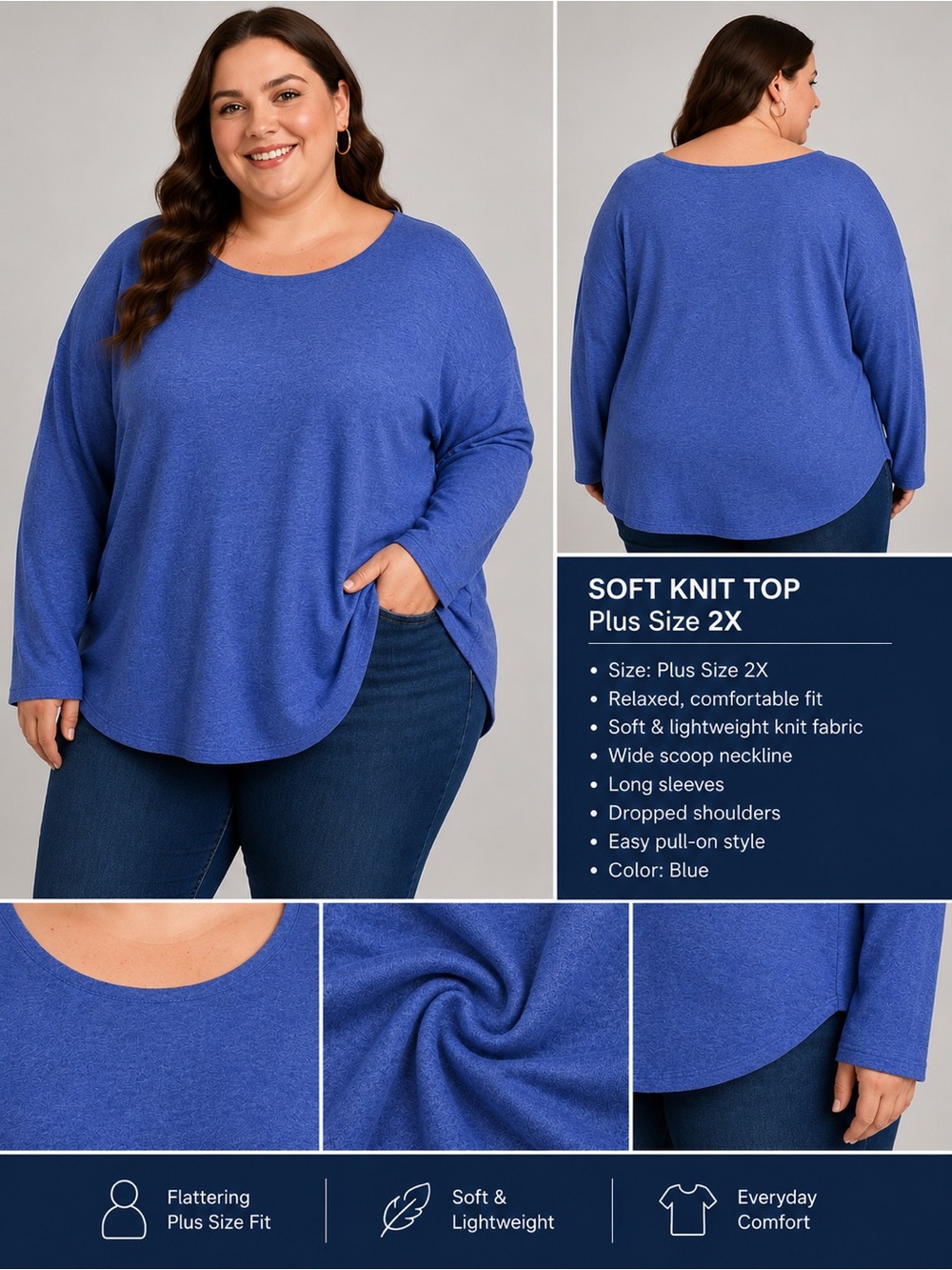 Studio 2X Blue Soft Knit Long Sleeve Tunic Top Plus Size Relaxed Fit